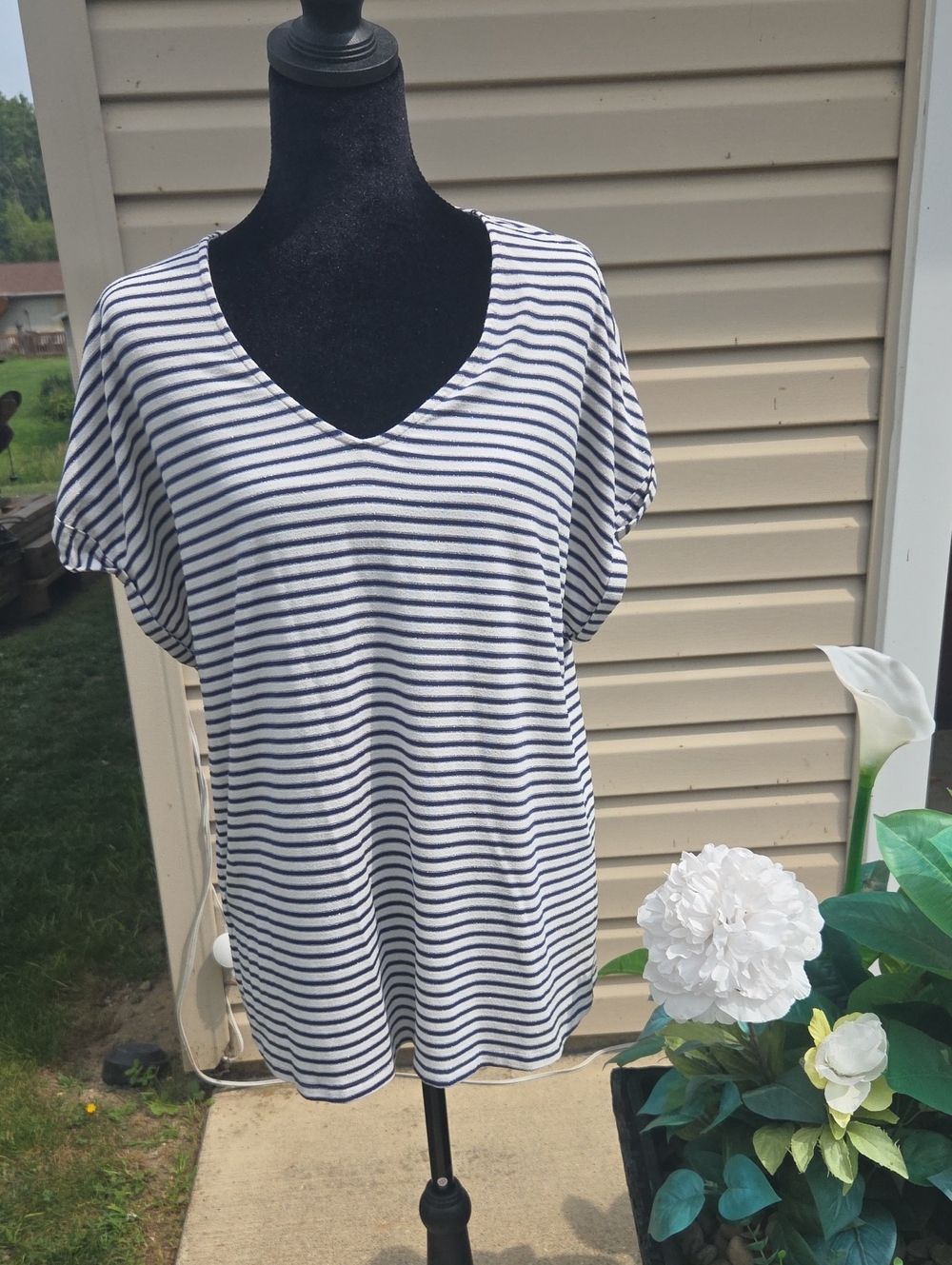 Tommy Bahama Knit Striped V-Neck Women’s Tee - White & Navy